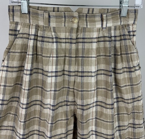 Vintage 90s Trouser Shorts Linen Blend Beige Plaid Ultra High Waist Mom WOMENS S - Picture 2 of 12