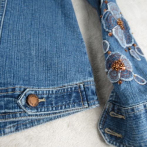 Blassport Denim Jacket Women Medium Blue Stretch Sequin Beaded Embroider Floral - Picture 9 of 12