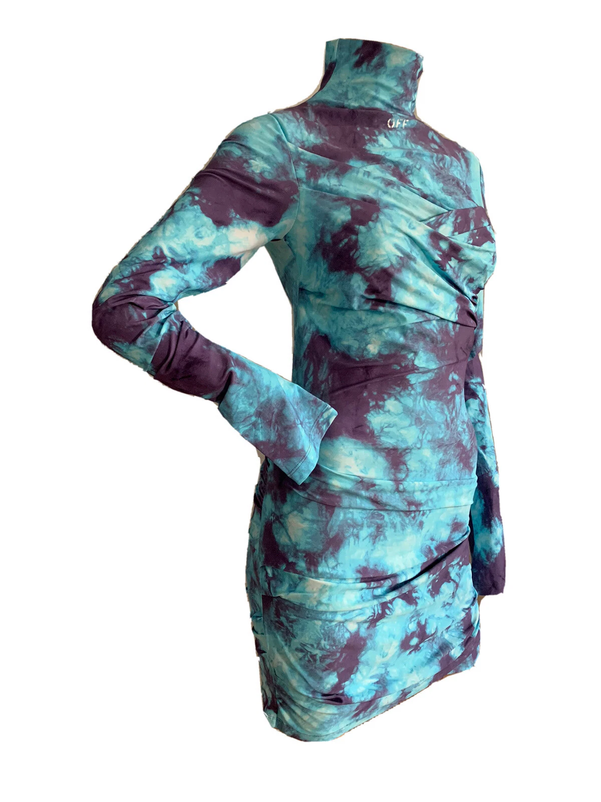 OFF WHITE Mini abito da festa blu cravatta tintura bianco sporco UK 14 IT 46 US 10 XL NUOVO CON ETICHETTE £810