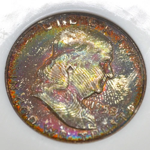 1958-D 50C Franklin Half Dollar Old NGC Fatty MS65 - Fantastic Rainbow Toning