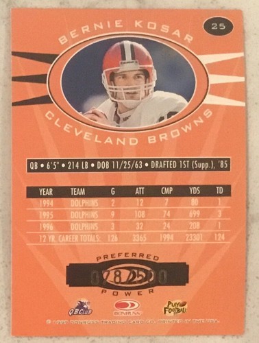 1999 Donruss Preferred QBC Preferred Power #25 BERNIE KOSAR #d /500 NICE! - Picture 2 of 2