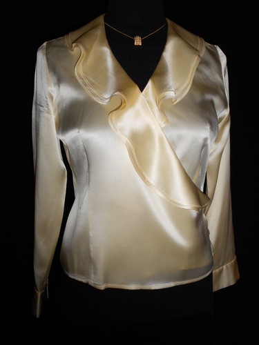 4P Silk Satin Blouse Ivory Ecru Ruffle Surplice Blouse Petite Sophisticates - Picture 2 of 9