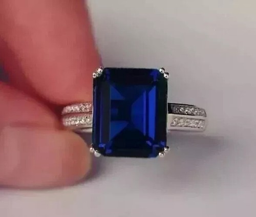 3Ct Emerald Cut Lab Created Sapphire Solitaire Ring 14K White Gold Plated Silver - Picture 7 of 7
