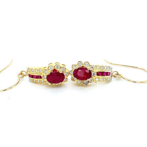14K Yellow Gold Red Oval Ruby & .26CTW Bezel Diamond Drop Earwire Earrings - Picture 13 of 14