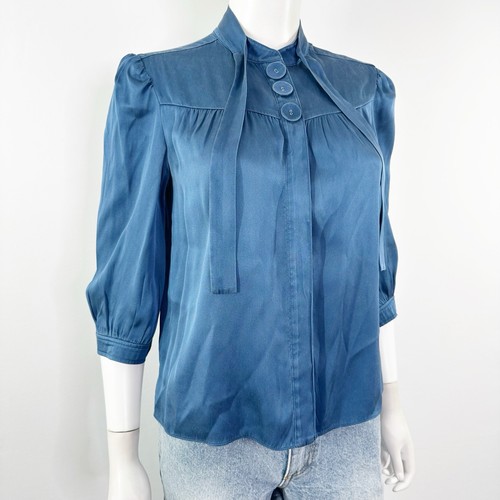 See By Chloe Blue Silk Blouse Top Size 8 Designer Luxury Coquette Tie Neck - Picture 4 of 11