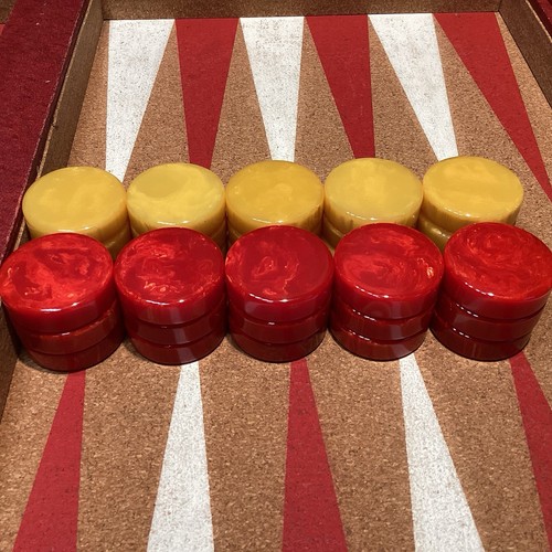 VTG Crisloid Tournament 1.75” Bakelite Cherry And Butterscotch Backgammon Set - Picture 12 of 24