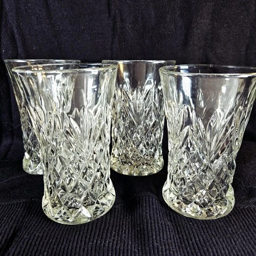 VTG 4 MCM Anchor Hocking Prescut Pineapple Clear Glass Flat Tumblers 5"H