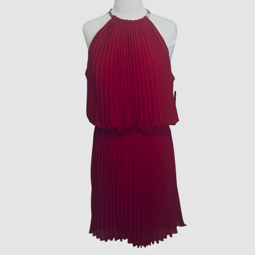MSK Halter Dress Size 16 Red Pleated Holiday Formal Party Midi New - Picture 2 of 11