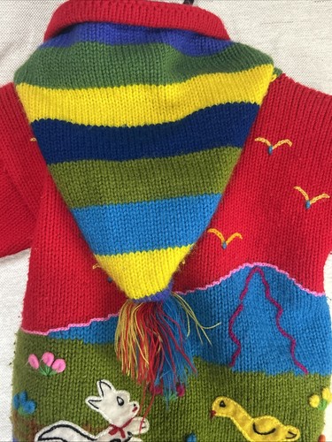 VINTAGE KIDS Peruvian Lucy Iburg Cardigan Sweater Hoodie Size 2 Colorful Fun - Picture 9 of 16