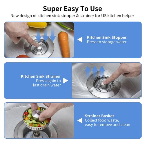 Colador de drenaje de fregadero de cocina 3 en 1 mejorado - Tapón de fregadero de acero inoxidable, A... - Imagen 4 de 7