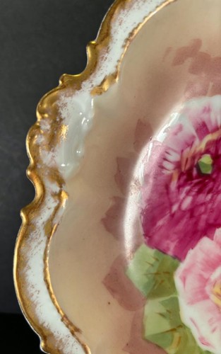 HANDBEMALTE LIMOGES KRÖNCHENSCHALE FLORAL PFINGSTROSE KÜNSTLER SIGNIERT 9 1/2" GOLDRAND - Bild 3 von 6