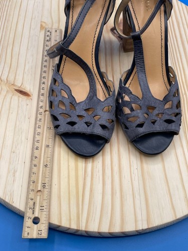 Vintage Crown Cut Out Ankle Heel Women's Sz 9M Blue Tea Cup Leather Block Heel - Picture 7 of 8