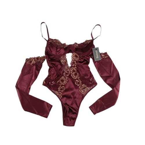 NWT! Frederick’s of Hollywood Andrina Gold Lace Burgundy Satin Teddy/Bodysuit S - Picture 3 of 9