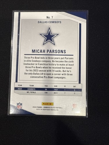 Panini Elite Micah Parsons Football Card 024/249 Dallas Cowboys - Bild 6 von 6