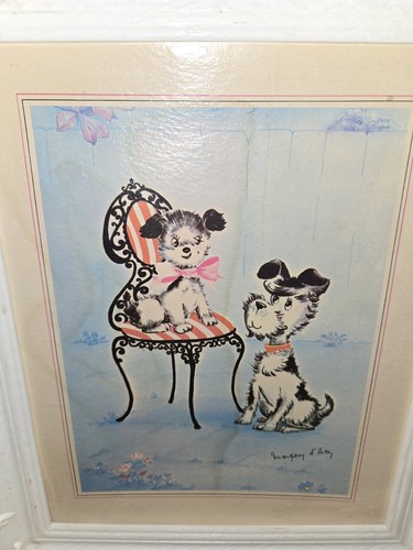 Vtg. MCM Dog Poodle Terrier Print Margery D’arcy Bathroom Framed 1950's - Picture 2 of 8