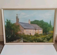 Large Vintage Original Oil Painting Of A Cottage Garden At Bradshaw Lancashire