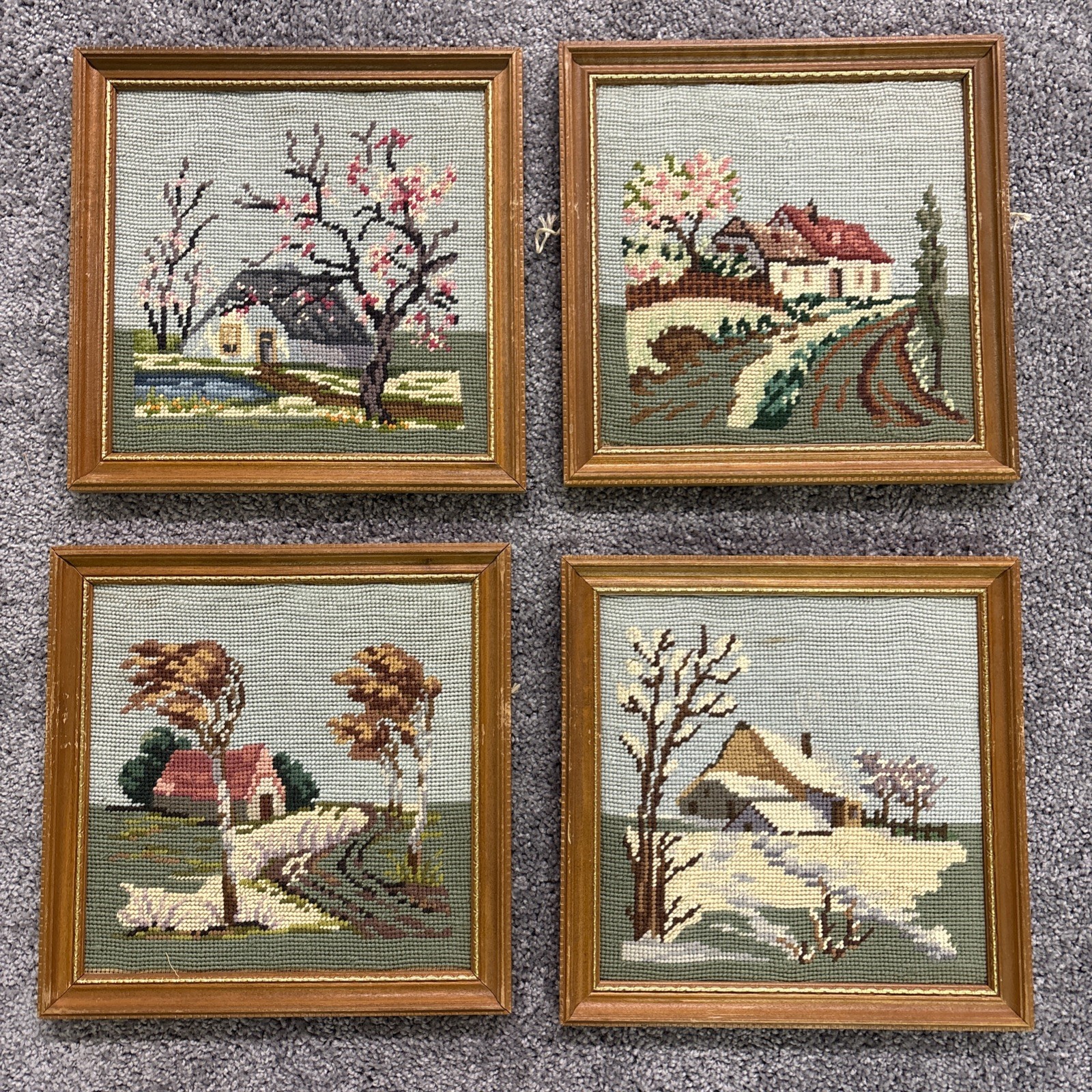 Four Season Needlepoint 11” Framed Pictures Winter Spring Summer Fall Signed