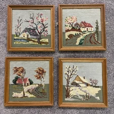 Four Season Needlepoint 11” Framed Pictures Winter Spring Summer Fall Signed