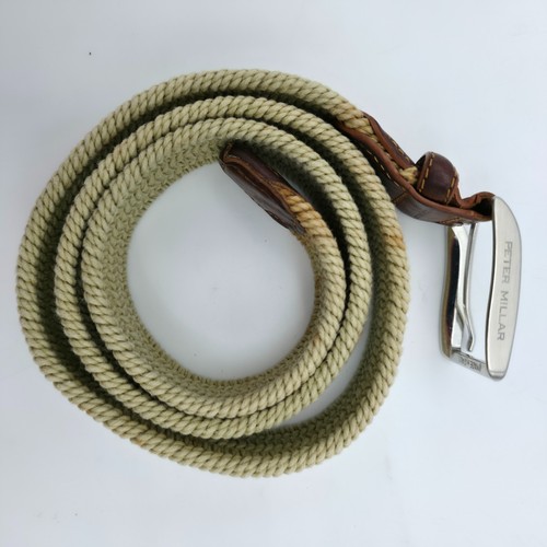 Peter Millar Tan Woven Belt Sz 40 Cotton Blend Leather Trim Italy - Picture 5 of 5