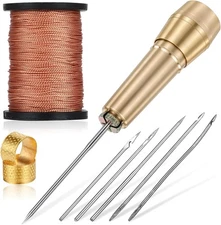 9pcs Leather Sewing Awl Kit Hand Stitching Tool with 45m Thread & Thimble Set 