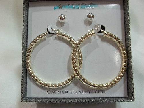 NEW SILVER PLATED STAINLESS STEEL HOOP & STUD PIERCED EARRINGS / 2 PAIRS....NICE - Picture 1 of 4