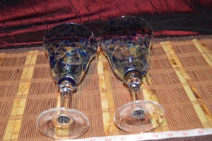 2-Blue-Splotch-Glass-with-Clear-Glass-Stem-Water-or-Wine-Goblet