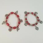 Hearts & Cherubs Lot of 2x Artisan Jewelry Bracelet Red Beads Silver Tone
