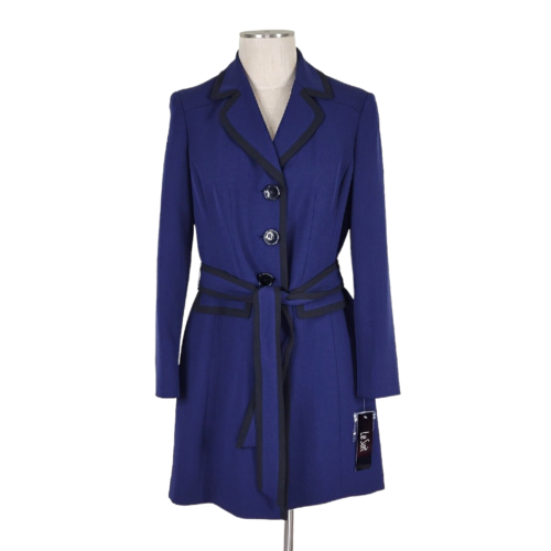 Le Suit Coat Topper Size 6 Blue Black Trim Long Blazer Jacket Belted Pockets New