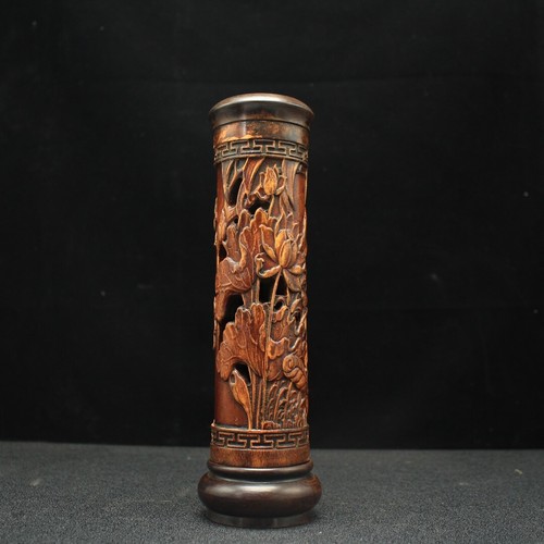 Collect old wood carved lotus and fish statue figure netsuke incense burner tube - Picture 3 of 9
