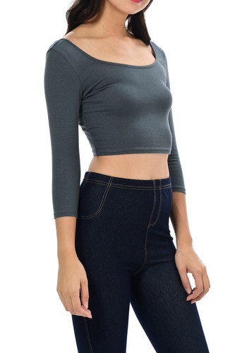 Auline Colletion Womens Solid Color Basic Cropped Top Crop top Scooped Tee Shirt - Picture 65 of 153