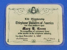 Vintage Telephone Pioneers Of America Life Membership card Mary Green 1957