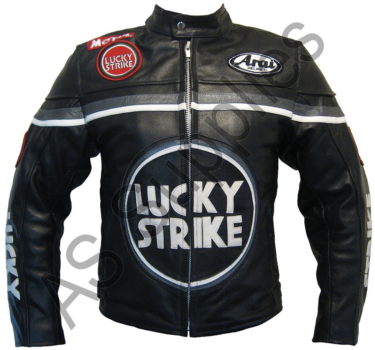LUCKY STRIKE Leather Motorcycle Jacket - Black/Grey