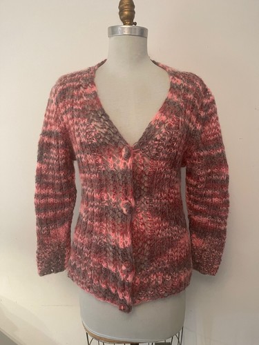 PINK & GRAY TONES 100% MOHAIR HAND KNIT CARDIGAN SWEATER~M~QUALITY~NICE