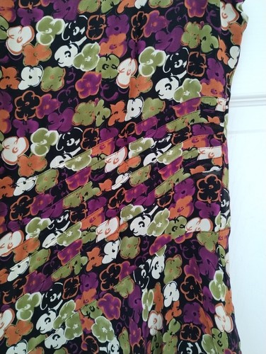 90s Vtg Jones New York Midi Silk Dress 6P Black Green Purple Cream Drop Waist - Picture 6 of 8