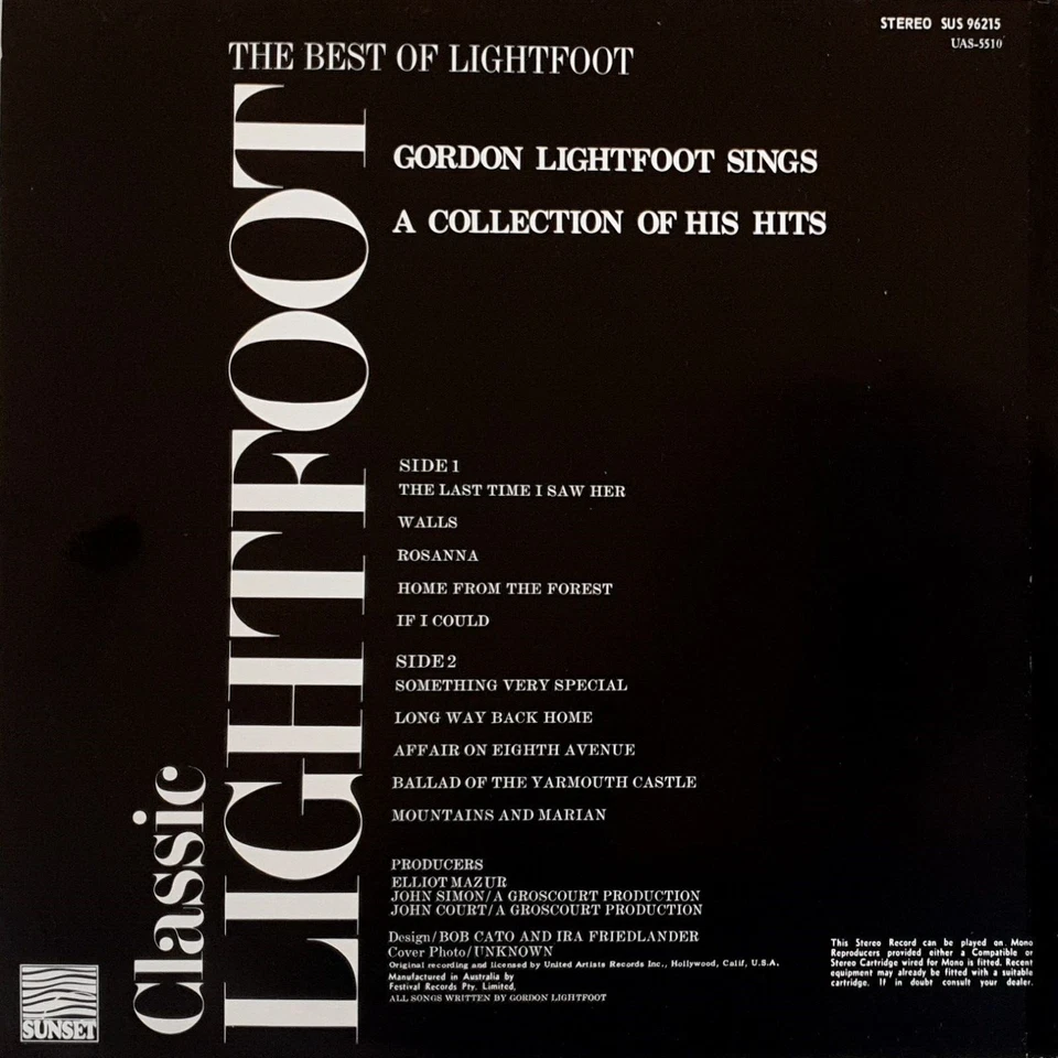 Gordon Lightfoot – Classic Lightfoot Vinyl LP Sunset Records Australia – SUS 962 - Image 3 of 3