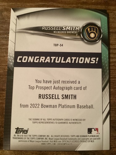 Russell Smith 2022 Bowman Platinum Green Prospect Autograph 77/99 Brewers - Bild 3 von 9