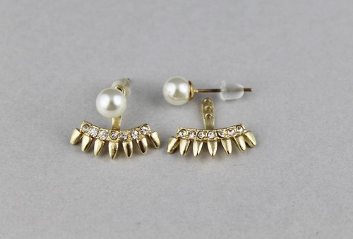 gold spike ear jacket front back earrings faux pearl double look stud spiked  - Picture 5 of 6