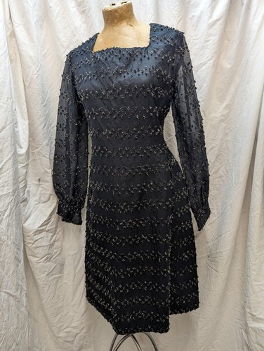 Vintage 1960's Black Crepy Rayon Metallic Mod Dress by Fanya Size Small - Picture 6 of 8