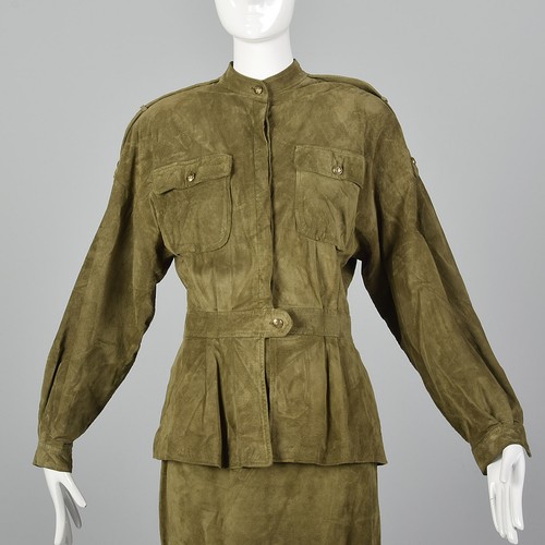 Medium 1980s Safari Style Skirt Suit Long Sleeve Jacket Pockets VTG Green Suede - Picture 5 of 10
