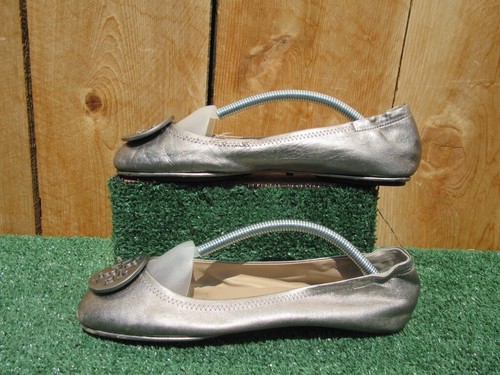 Women's Size 8M Tory Burch Silver Minnie Travel Ballet Flats Shoes - Picture 2 of 9
