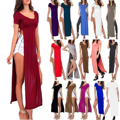 1s Womens Cap Sleeve Ladies Stretch Plain Side Split Racer Maxi Bodycon Dress