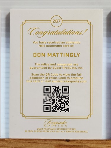 Don Mattently 2024 Keepsake Edition TRIPLE GEM PATCH AUTO card #’d 1/1 Yankees - Foto 4 di 6