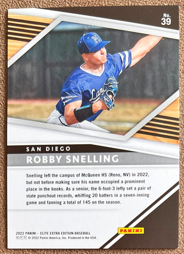 Panini Elite 2022 edición extra #39 Robby Snelling/999 San Diego Padres novato - Imagen 2 de 2