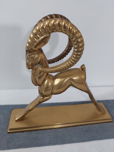 Vintage Solid Brass Gazelle Ibex Antelope Big Horn Figurine Sculpture PAC - Picture 1 of 11