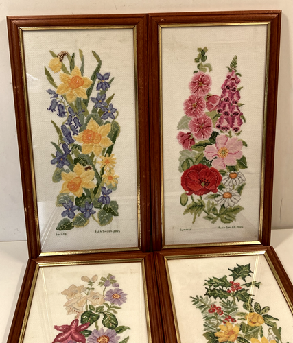 X4 Vintage Tapestry Set Ruth Smith 2005 Framed Floral Flower Design 4 Seasons - Picture 9 of 24