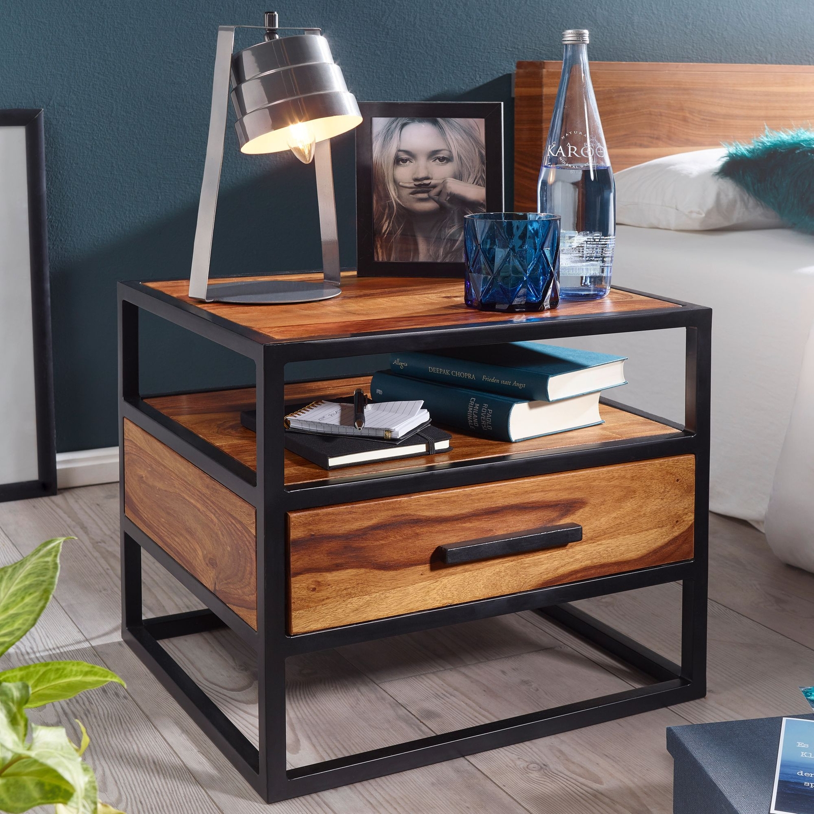 FineBuy Mesita de Noche con Cajón 45x50x45cm Madera Maciza Mesilla Mesa Cuadrada