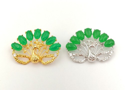 Green Multicolor Genuine Jade Drop 18KGP Rhinestone Peacock Peafowl Brooch Pin - Picture 2 of 19