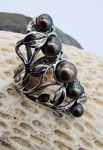 Sterling Silver 925 KTC 5 Freshwater Gray Pearl Cocktail Sz 8 Ring Ag 2496 - Picture 4 of 9