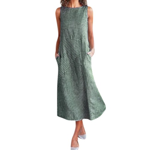 UK Damen gestreiftes Sommer Baumwolle Leinen langes Kleid Damen Kaftan Freizeit Maxikleid - Bild 9 von 27