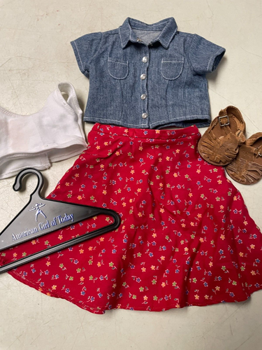 AMERICAN GIRL DOLL VINTAGE 5 PC PLAY OUTFIT FLORAL SKIRT DENIM SHIRT SANDALS - Picture 3 of 4